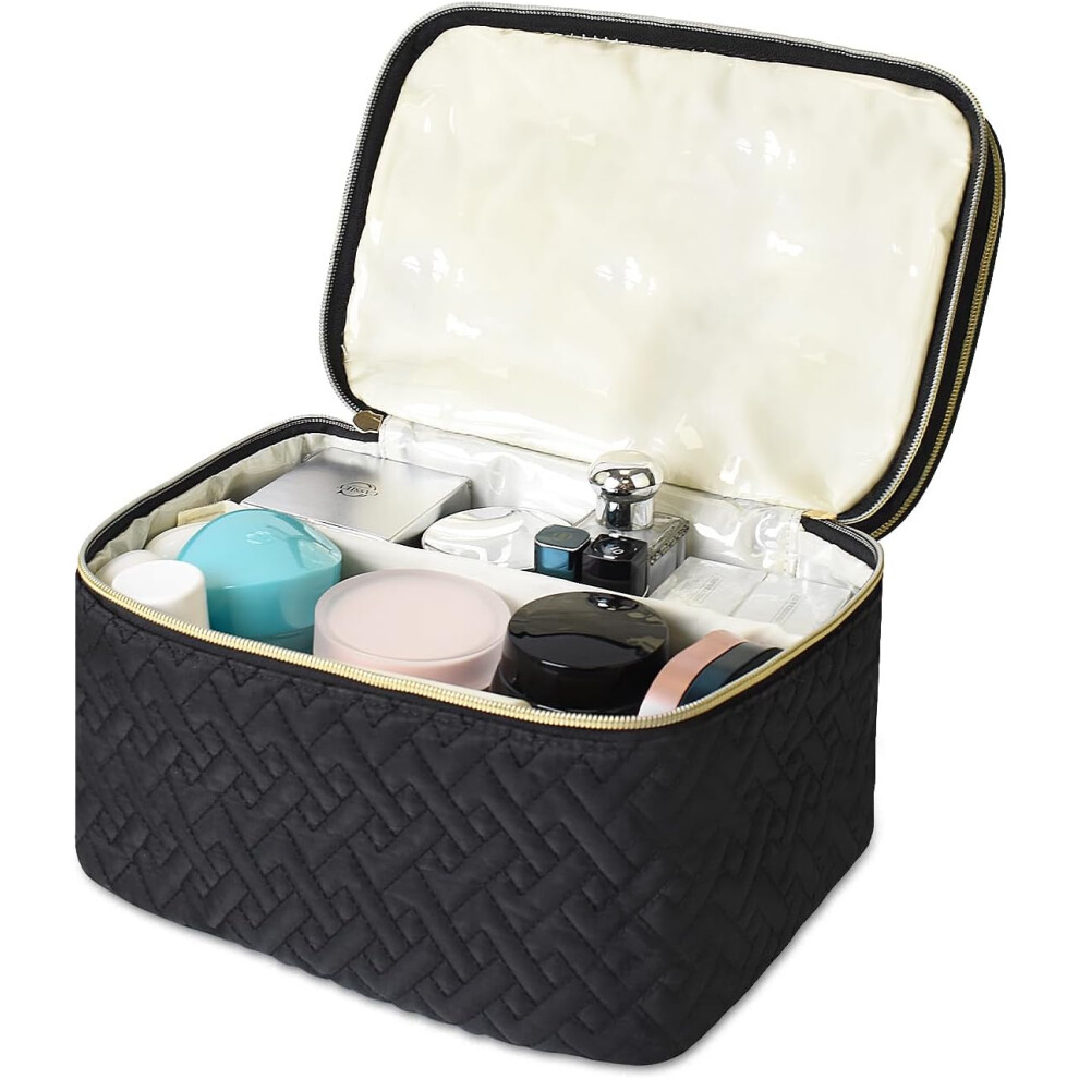 large-double-layer-cosmetic-make-up-bag-with-brush-compartment--portable-and-water-resistant-toiletry-bag-travel-essentials--black