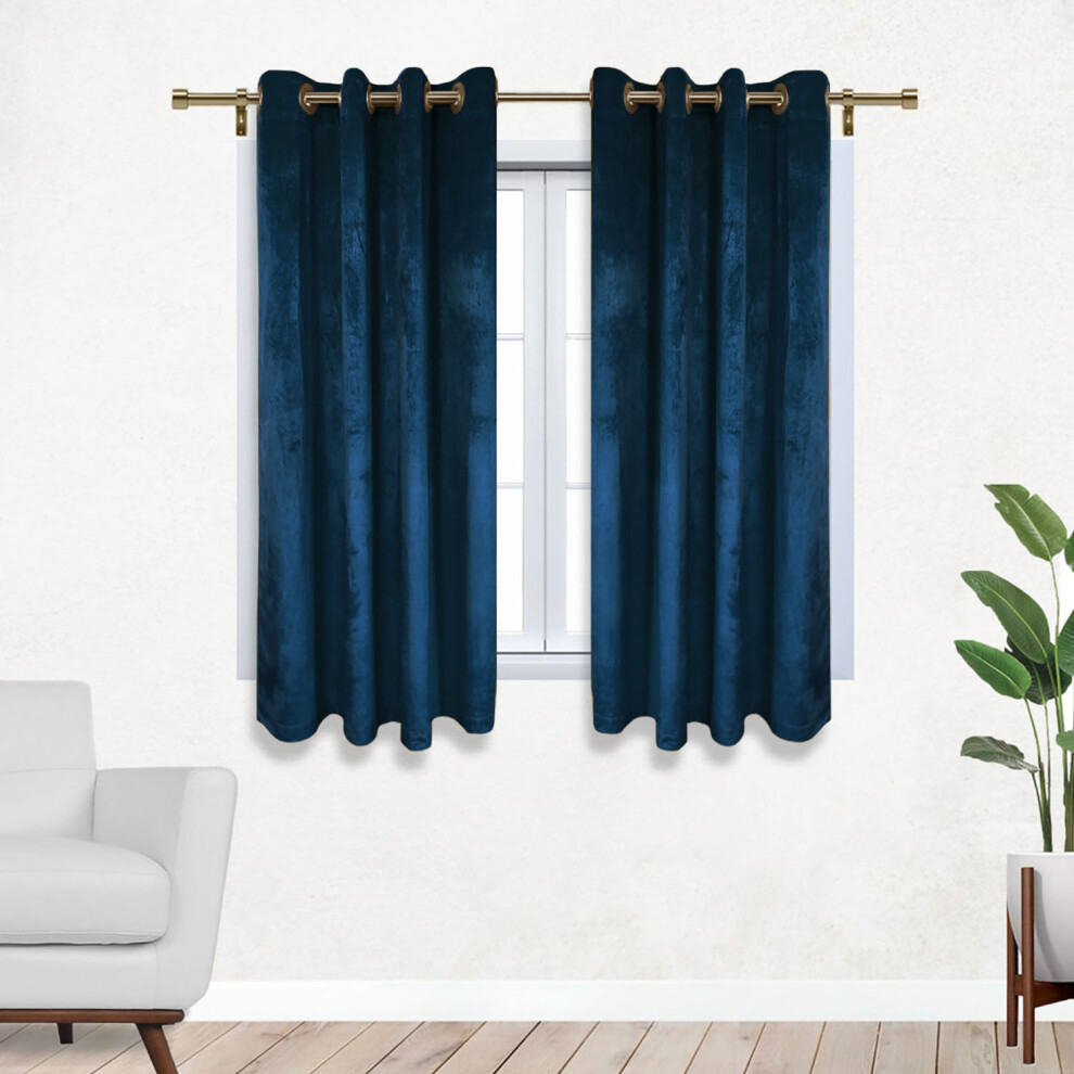Yorkshire Bedding (66" X 54" (168Cm X 137Cm), Navy ) Crushed Velvet Blackout Curtain Pair Ringtop Eyelet Curtains With Tiebacks Blue