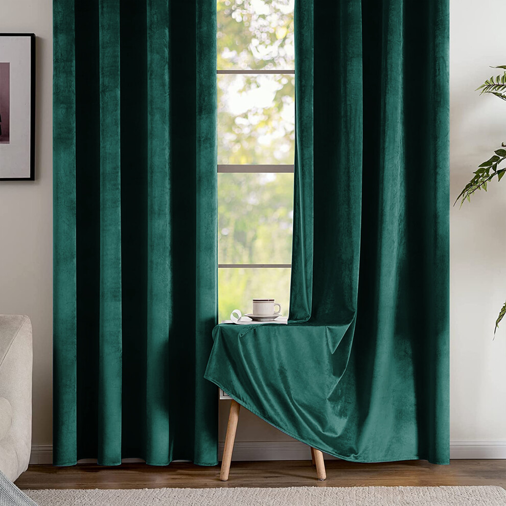 (66" x 72" (168cm x 183cm), Green Emerald) Crushed Velvet Blackout Curtain Pair Ringtop Eyelet Curtains with Tiebacks
