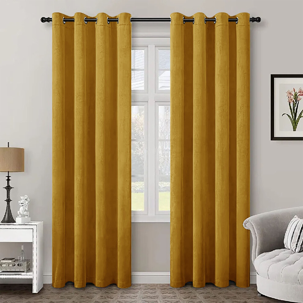 Yorkshire Bedding (66" X 72" (168Cm X 183Cm), Ochre Mustard) Crushed Velvet Blackout Curtain Pair Ringtop Eyelet Curtains With Tiebacks Yellow