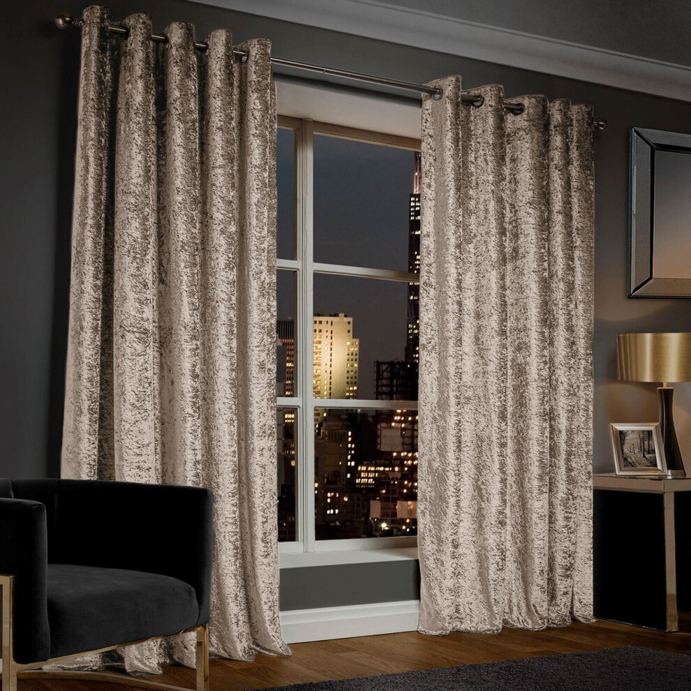 Yorkshire Bedding (66" X 90" (168Cm X 228Cm), Beige) Crushed Velvet Out Curtain Pair Ringtop Eyelet Curtains With Tiebacks Black