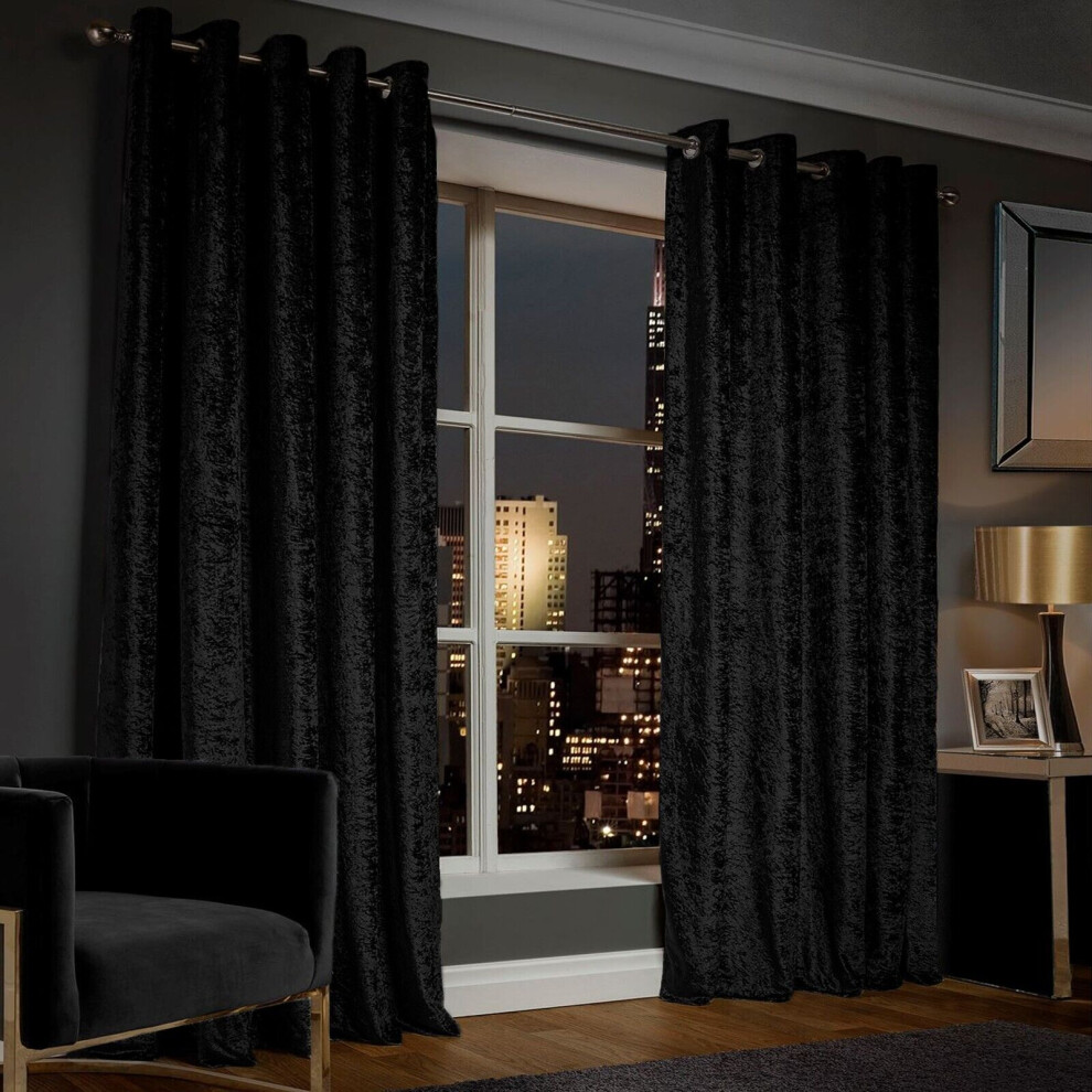 Yorkshire Bedding (66" X 90" (168Cm X 228Cm), ) Crushed Velvet Out Curtain Pair Ringtop Eyelet Curtains With Tiebacks Black