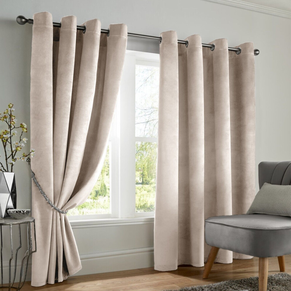 Yorkshire Bedding (90" X 90" (228Cm X 228Cm), Beige) Crushed Velvet Out Curtain Pair Ringtop Eyelet Curtains With Tiebacks Black