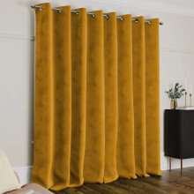 (66" x 84" (168cm x 210cm), Ochre Mustard) Crushed Velvet Blackout Curtain Pair Ringtop Eyelet Curtains with Tiebacks