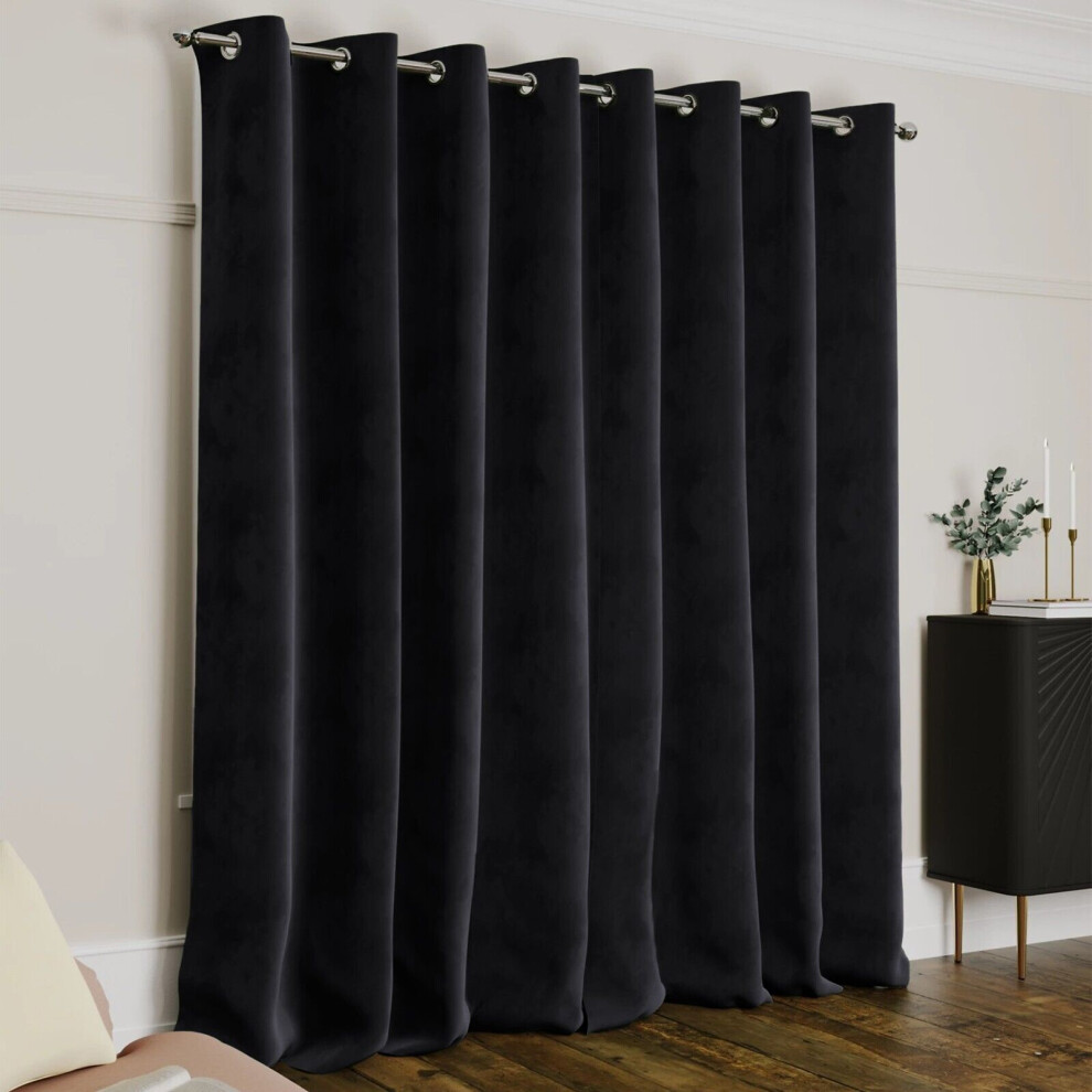 (66" x 84" (168cm x 210cm), Black) Crushed Velvet Blackout Curtain Pair Ringtop Eyelet Curtains with Tiebacks