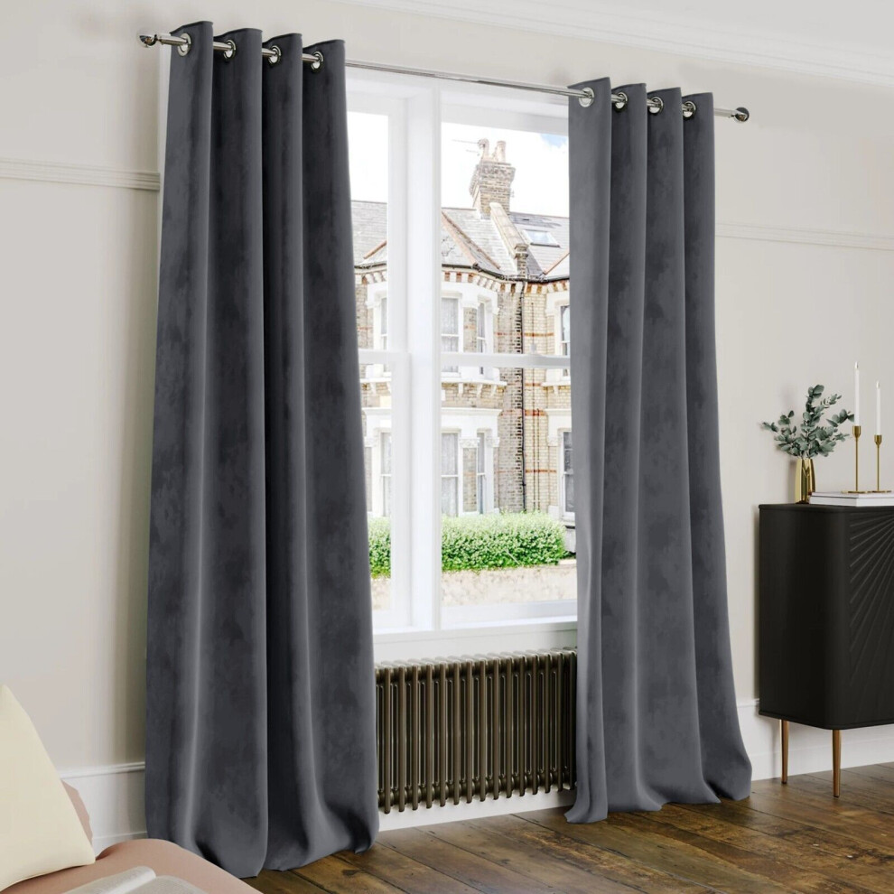 (90" x 90" (228cm x 228cm), Grey) Crushed Velvet Blackout Curtain Pair Ringtop Eyelet Curtains with Tiebacks-image-OPC-PFQJHWY-NEW