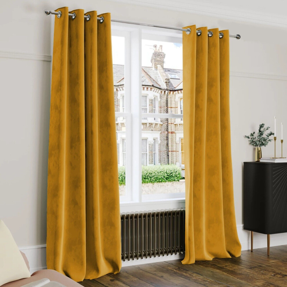 Yorkshire Bedding (90" X 90" (228Cm X 228Cm), Ochre Mustard) Crushed Velvet Blackout Curtain Pair Ringtop Eyelet Curtains With Tiebacks Yellow