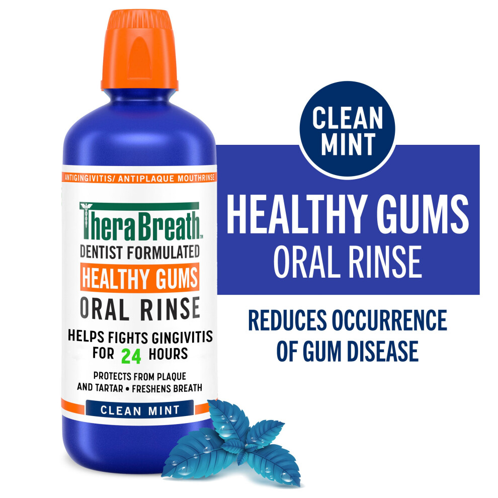 TheraBreath Dentist Formulated Healthy Gums Oral Rinse w/ Added CPC - Clean Mint Mouthwash 473ml |Gingivitis Prevention 24H | Plaque-Fighting Rinse
