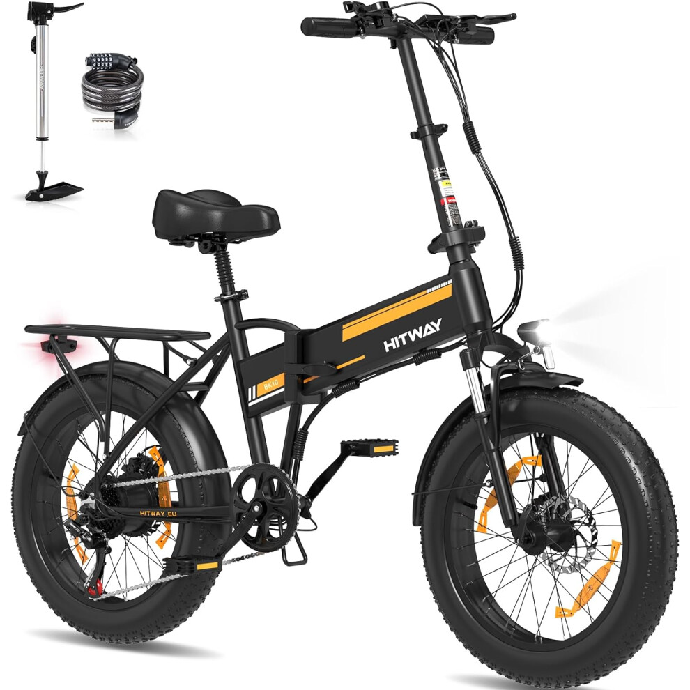 (Black-Orange) Hitway Electric Bike BK10SP - 20*4.0 Inch Fat Tire City Commuter EBike with Removable 48V 13Ah Battery - Foldable Mountain E-Bike with