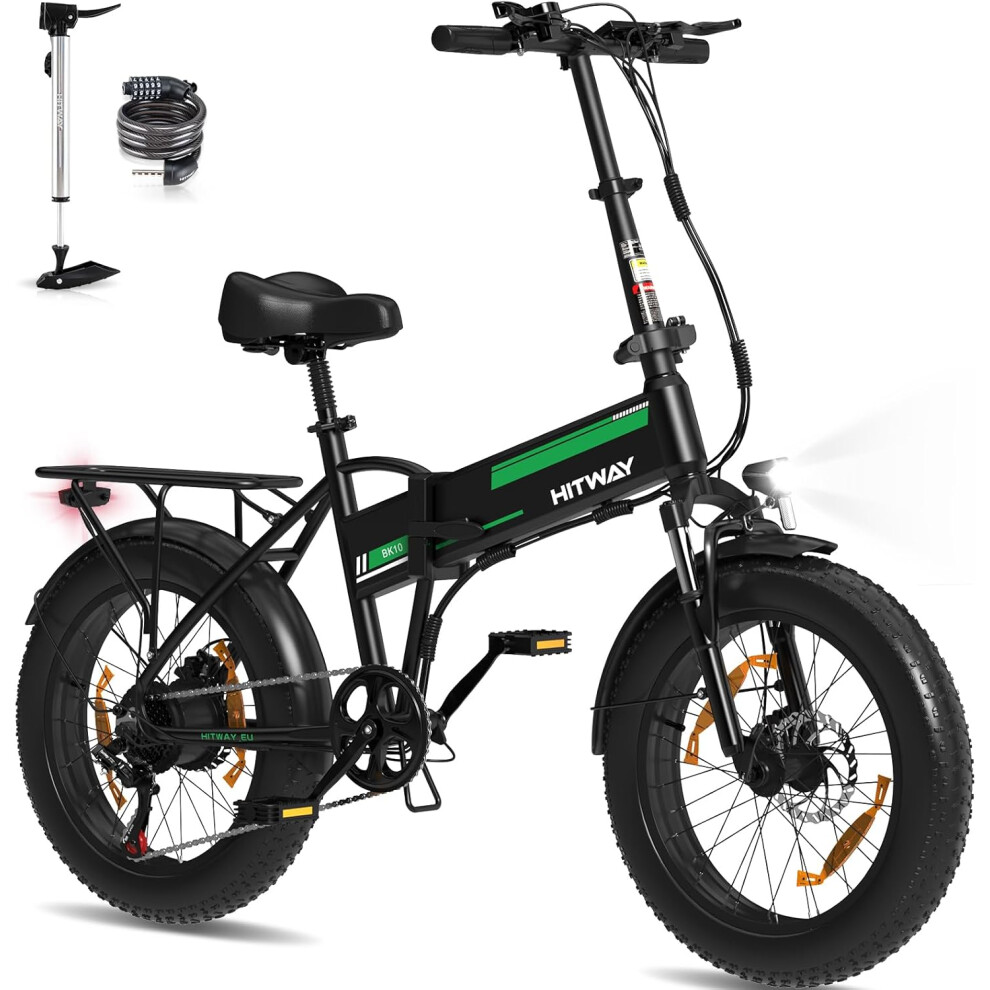 (Black-Green) Hitway Electric Bike BK10SP - 20*4.0 Inch Fat Tire City Commuter EBike with Removable 48V 13Ah Battery - Foldable Mountain E-Bike with 2