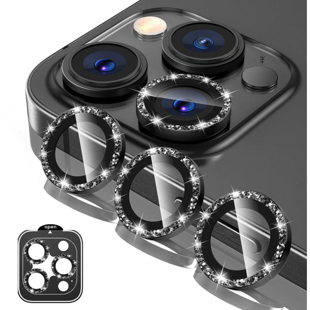 (Black, For iPhone 14) Glitter Camera Lens Protector Tempered Glass Cover For iPhone 15 Pro Max 14 Plus 13 Mini 12 11 15Pro 14Pro 13Pro 12Pro Protection Phone Accessories