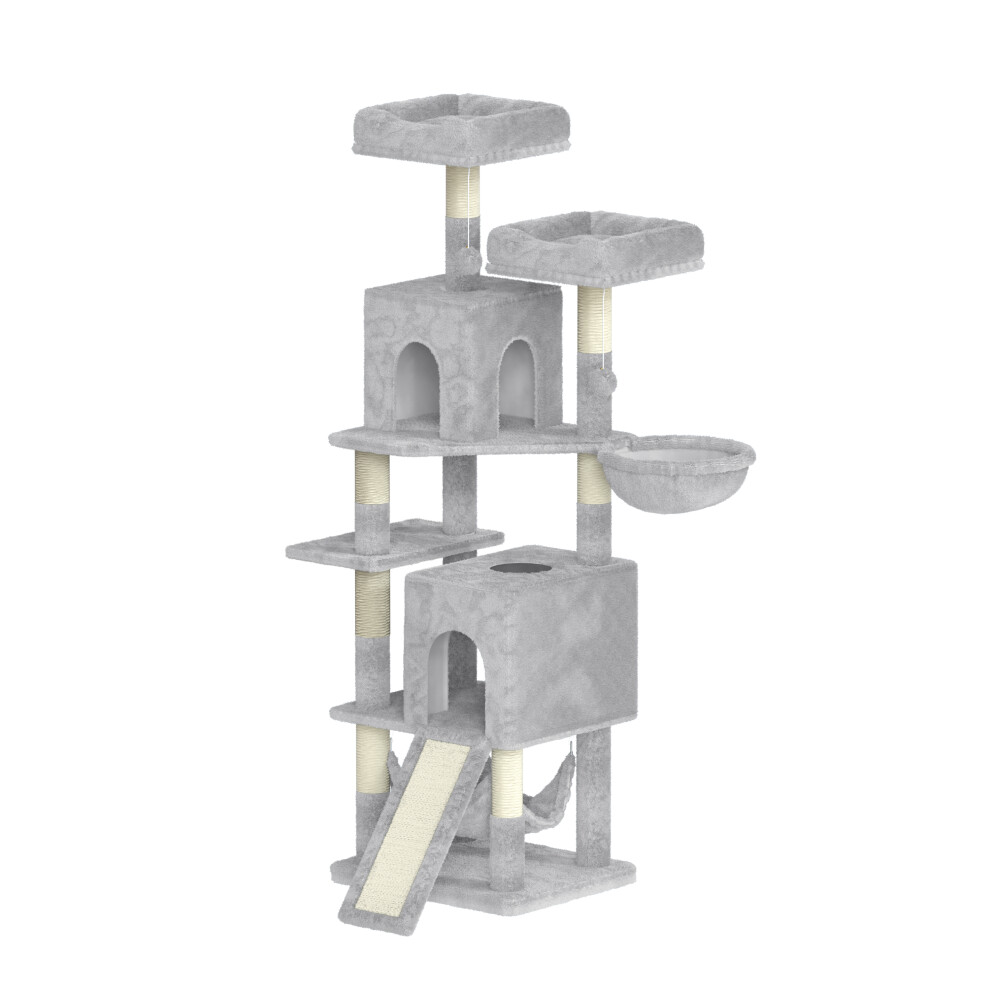 (Light Grey) 158cm Cat Tree Cat Tower, Multi Level Cat Scratching Post with Condos, Ladders