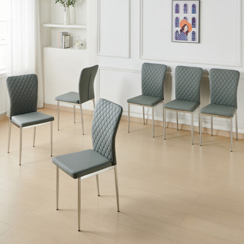 (Grey, 6 pcs) 4/6 PU Leather Dining Chairs Chrome Leg