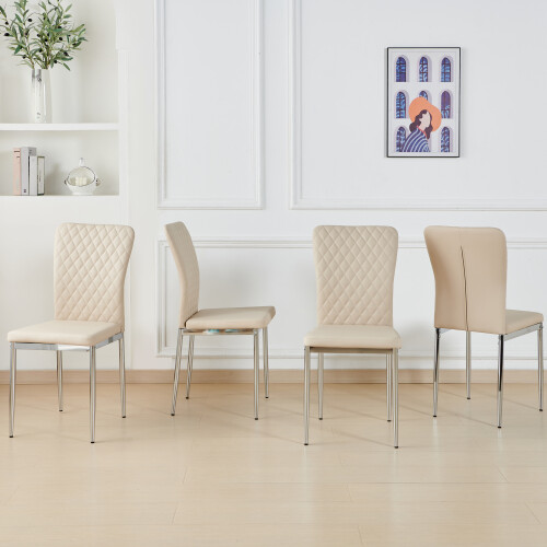 (Beige, 4 pcs) 4/6 PU Leather Dining Chairs Chrome Leg 2