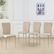 (Beige, 4 pcs) 4/6 PU Leather Dining Chairs Chrome Leg