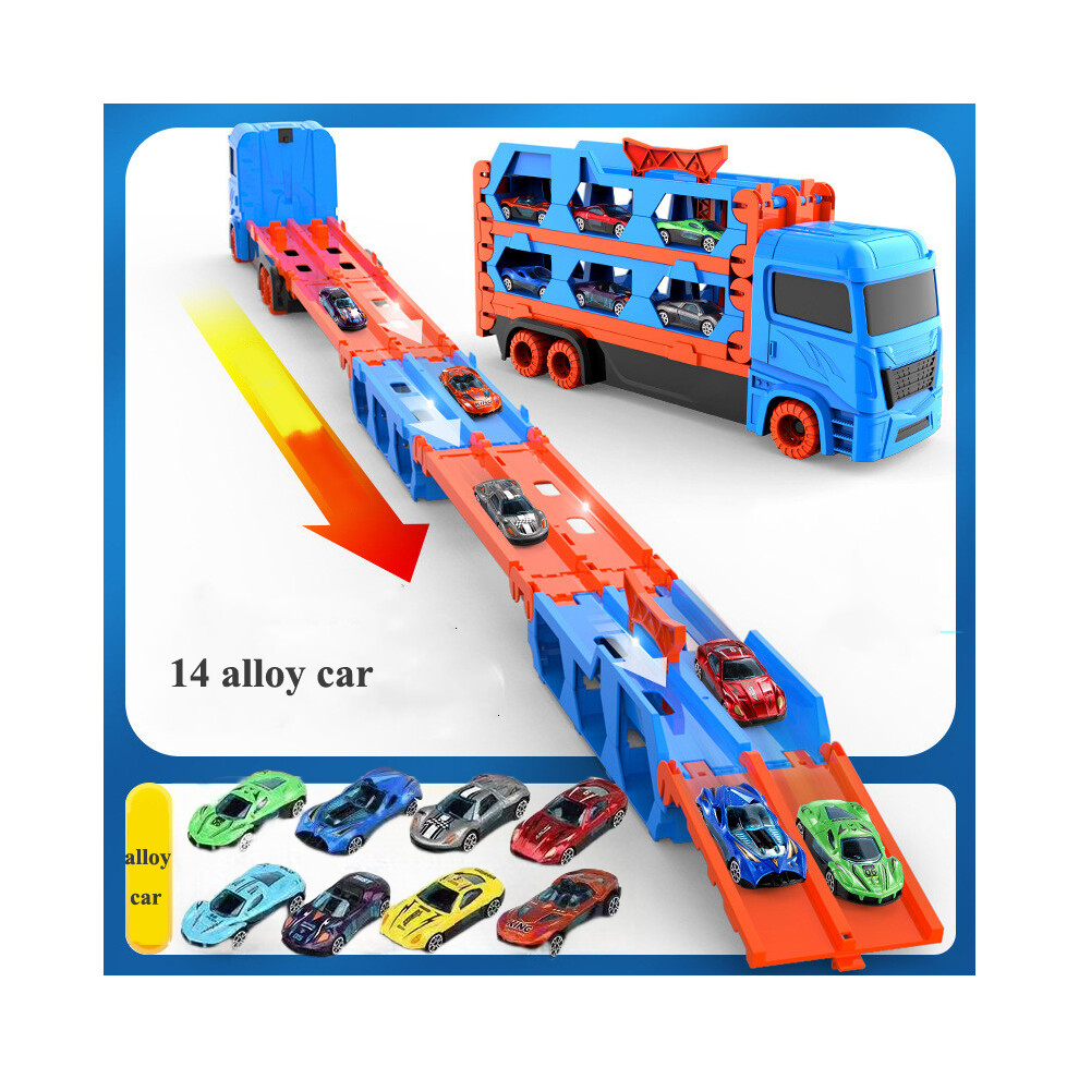 (14 car) Large Car Transporter Truck Folding Track Racing Vehicle Kids Competitive Games Storage Alloy Car Boy Toy Children Novel Gift