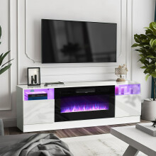 36 Inch 1800W White Recessed Electric Fireplace with 178cm TV Stand