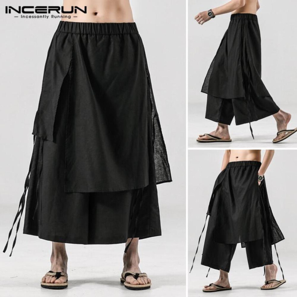 (Black, S) INCERUN Men Solid Color Casual Pants Joggers Elastic Waist Loose Irregular Skirt Trousers Men Streetwear Harajuku Cropped Wide Leg Pants