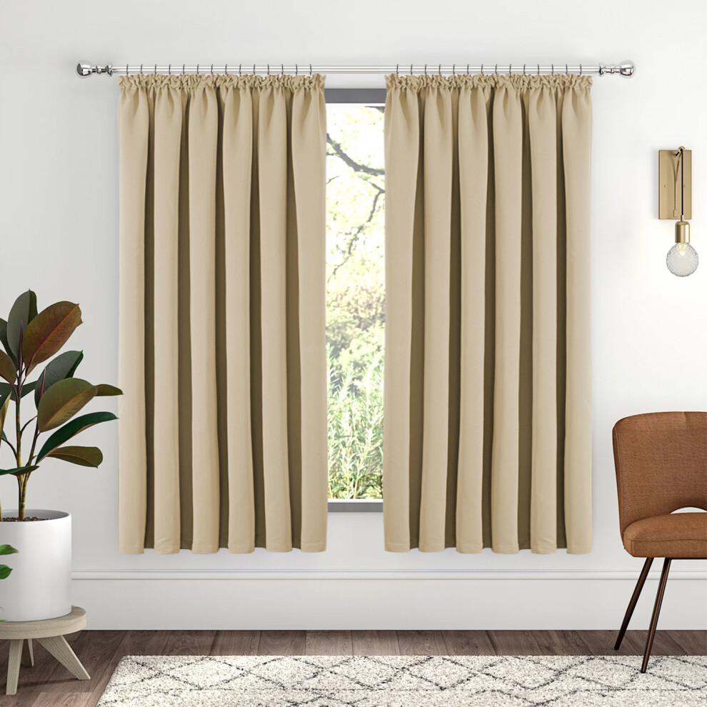 (46" x 54" (117cm x 137cm), Cream Pencil Pleat) 100% Blackout Curtains Plain Pencil Pleat & Ringtop Curtain Pair with Tiebacks-image-OPC-PFQJTKZ-NEW