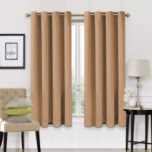 (66" x 54" (168cm x 137cm), Beige Ring Top) 100% Blackout Curtains Plain Pencil Pleat & Ringtop Curtain Pair with Tiebacks