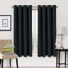 (66" x 54" (168cm x 137cm), Black Ring Top) 100% Blackout Curtains Plain Pencil Pleat & Ringtop Curtain Pair with Tiebacks