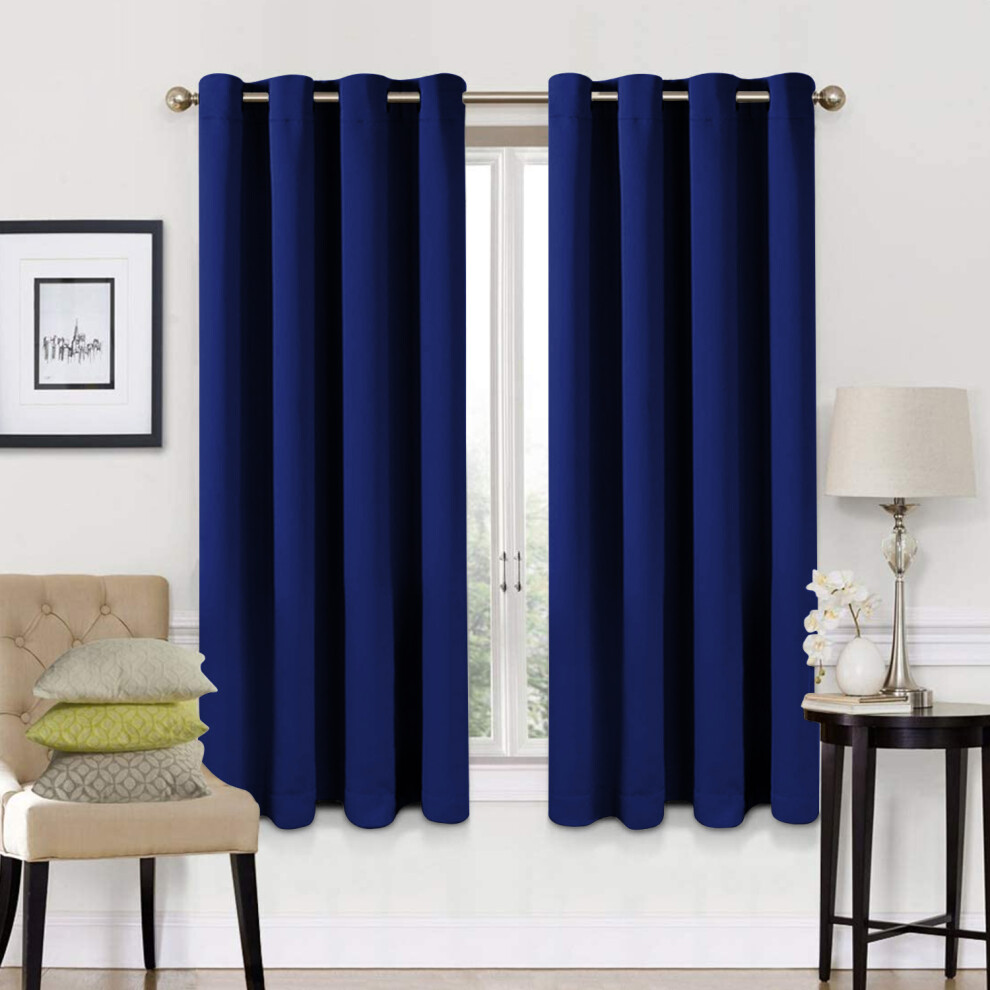 (66" x 54" (168cm x 137cm), Navy Blue Ring Top) 100% Blackout Curtains Plain Pencil Pleat & Ringtop Curtain Pair with Tiebacks