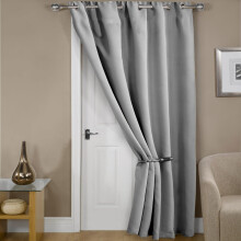 (66" x 84" (168cm x 213cm)-Door Curtain, Light Grey Silver Ring Top) 100% Blackout Curtains Plain Pencil Pleat & Ringtop Curtain Pair with Tiebacks