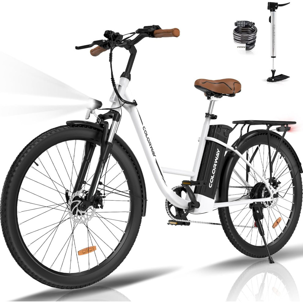 (White) Colorway Electric Bicycle BK31 - 28 Inch City Commuter EBike with Removable 36V 15Ah Lithium Battery - Women's E-Bike with 250W Motor