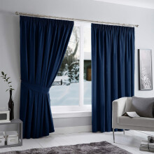 (90" x 90" (228cm x 228cm), Navy Blue Pencil Pleat) 100% Blackout Curtains Plain Pencil Pleat & Ringtop Curtain Pair with Tiebacks
