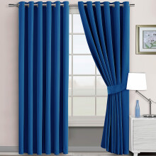 (90" x 90" (228cm x 228cm), Navy Blue Ring Top) 100% Blackout Curtains Plain Pencil Pleat & Ringtop Curtain Pair with Tiebacks