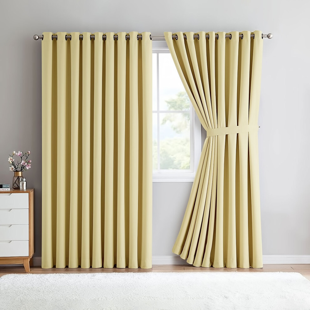 (90" X 90" (228cm X 228cm), Cream Ring Top) 100% Blackout Curtains Plain Pencil Pleat & Ringtop Curtain Pair With Tiebacks