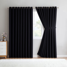 (90" x 90" (228cm x 228cm), Black Ring Top) 100% Blackout Curtains Plain Pencil Pleat &amp; Ringtop Curtain Pair with Tiebacks