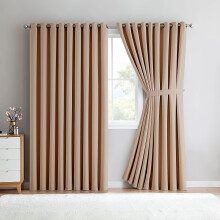 (90" x 90" (228cm x 228cm), Beige Ring Top) 100% Blackout Curtains Plain Pencil Pleat & Ringtop Curtain Pair with Tiebacks