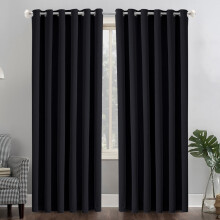 (66" x 90" (168cm x 228cm), Black Ring Top) 100% Blackout Curtains Plain Pencil Pleat & Ringtop Curtain Pair with Tiebacks