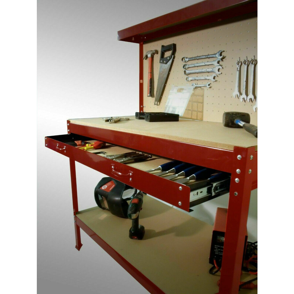 (Red) Workbench Workstation Heavy Duty Metal Garage Workshop Pegboard Drawer Shelve