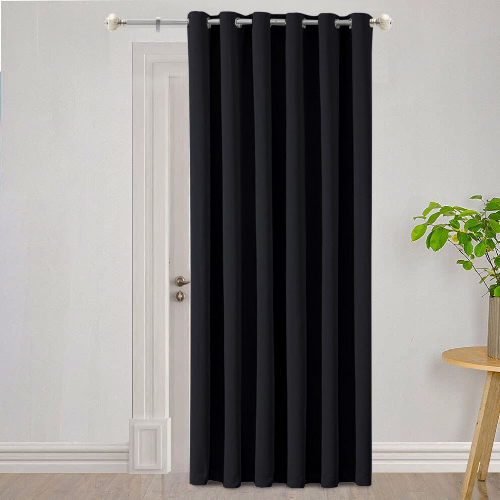 (66" x 84" (168cm x 213cm)-Door Curtain, Black Ring Top) 100% Blackout Curtains Plain Pencil Pleat & Ringtop Curtain Pair with Tiebacks-image-OPC-PFQJTN6-NEW
