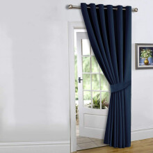 (66" x 84" (168cm x 213cm)-Door Curtain, Navy Blue Ring Top) 100% Blackout Curtains Plain Pencil Pleat & Ringtop Curtain Pair with Tiebacks