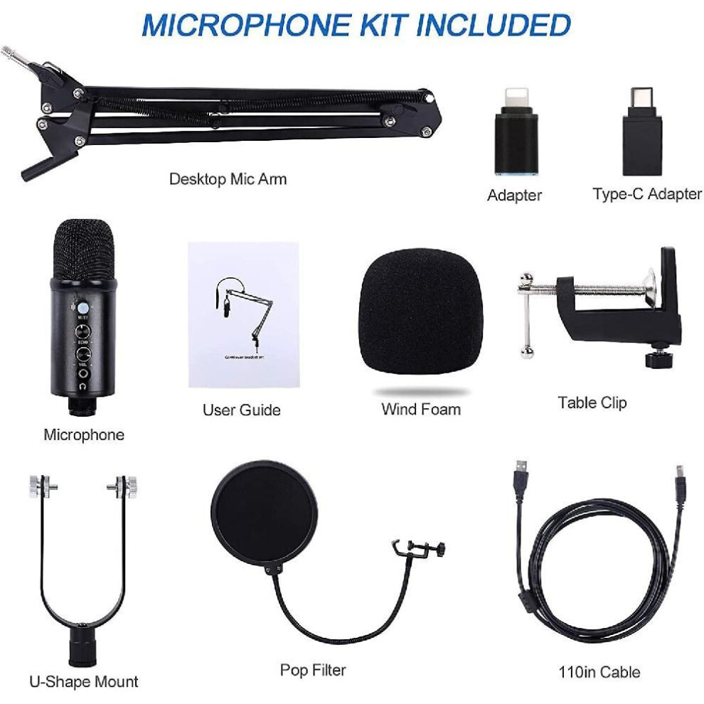 USB Microphone Condenser Computer PC Gaming Mic Podcast Microphone Kit for Streaming,Recording,Vocals,ASMR,Voice,Cardioid Studio Microphone