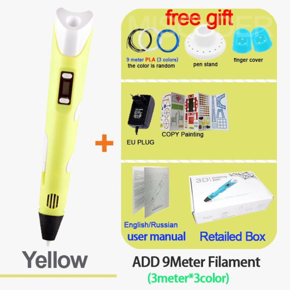 (Yellow) 3D Pen for Children 3D Drawing Printing Pen with LCD Screen Compatible PLA Filament Toys for Kids Christmas Birthday Gift
