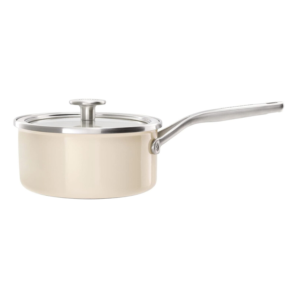 KitchenAid Steel Core Enamel Almond Cream 18 cm Saucepan with Lid