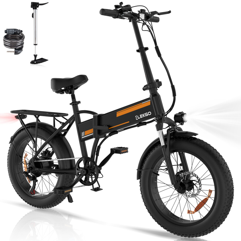 (Black-Orange) ELEKGO Electric Bike EG10 - 20*4.0 Inch Fat Tire City Commuter EBike with Removable 36V 12Ah Battery - Foldable Mountain E-Bike with 250W Motor