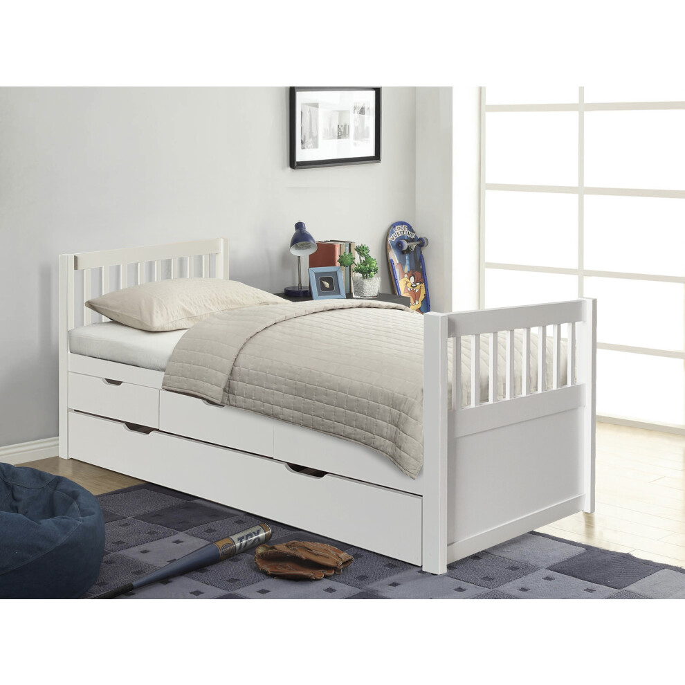 (White, Tanya Mattress) 3ft Single Wooden Trundle Bed With Storage Drawer