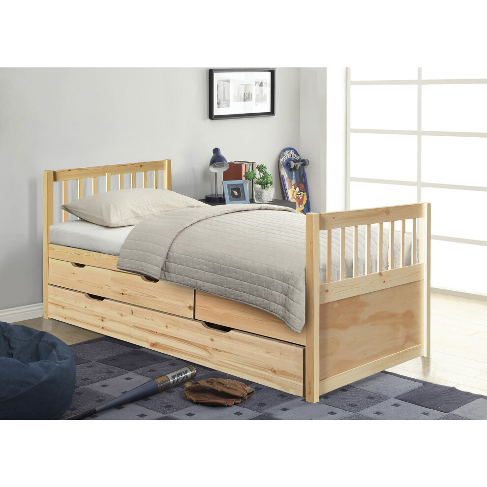 (Natural, No Mattress) 3ft Single Wooden Trundle Bed With Storage Drawer