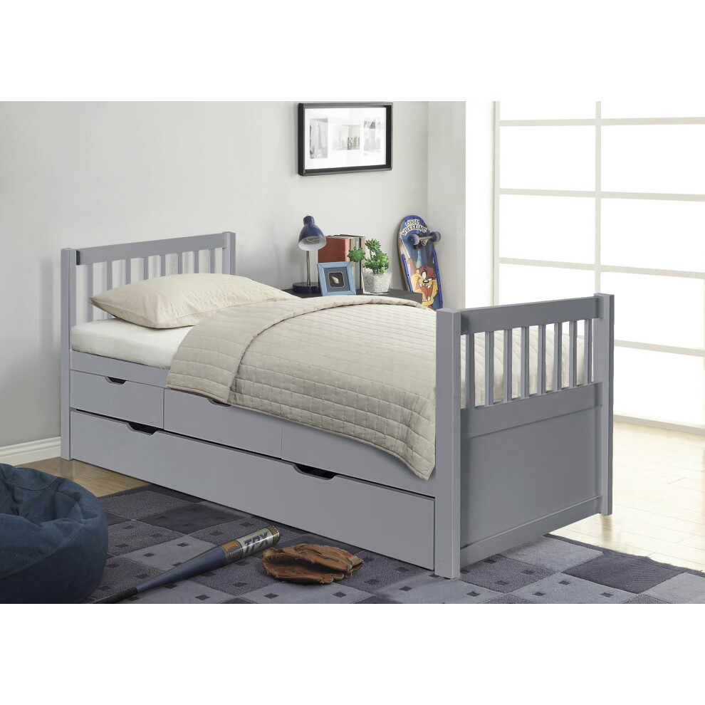 (Grey, No Mattress) 3ft Single Wooden Trundle Bed With Storage Drawer