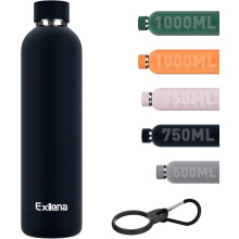 Exllena Insulated Black Water Bottles 1l with Clip, Double Wall Vacuum Drinks Bottle Keeps Drinks Cold 24 Hrs/Hot 12 Hrs,