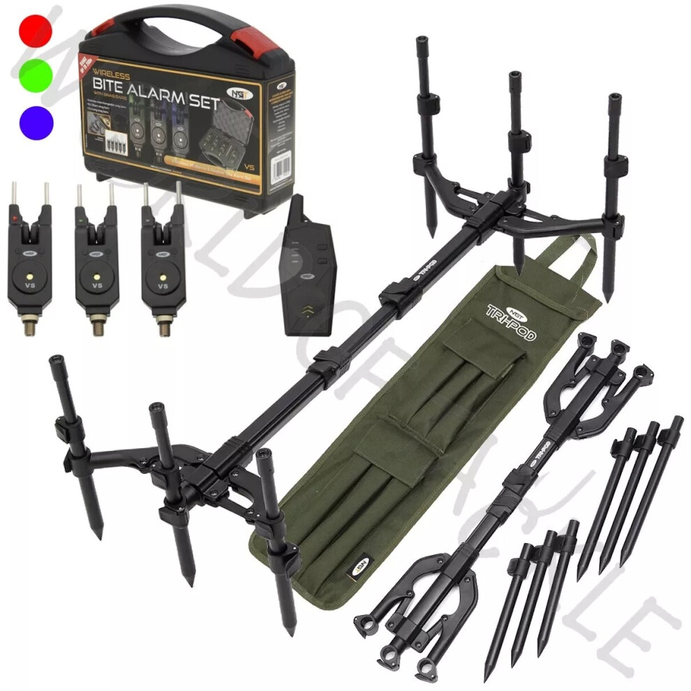 NGT 3 Rod Pod and Wireless Alarm Set Receiver Carp Fishing TRI-POD Carry Case