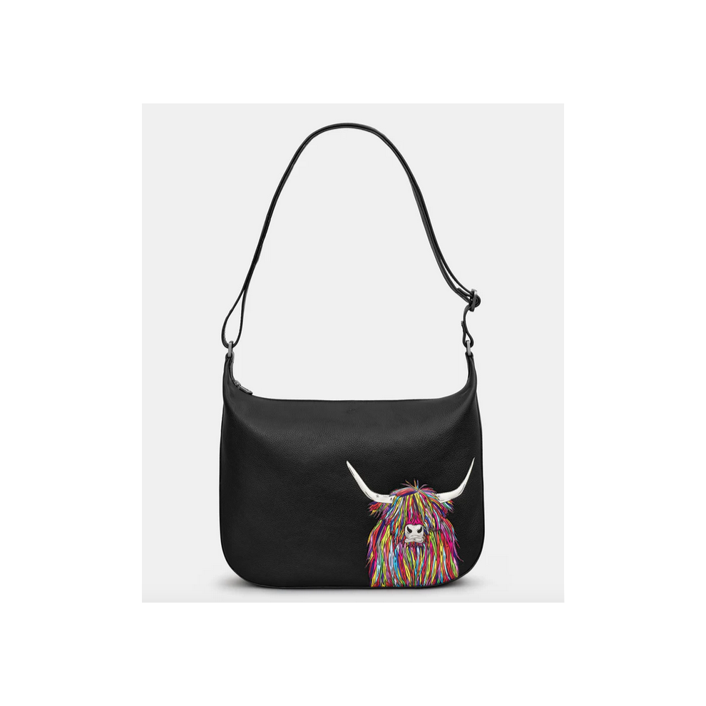 Black Rainbow Highland Cow Leather Hobo Bag