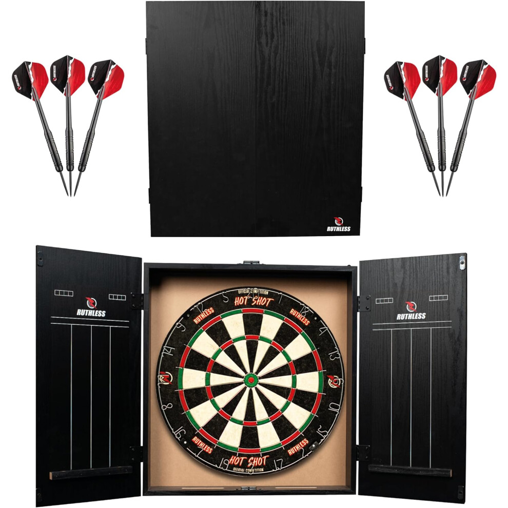 Ruthless Home Darts Centre | Complete Home Dart Board Centre Including Cabinet, Dartboard and 2 Sets of Darts