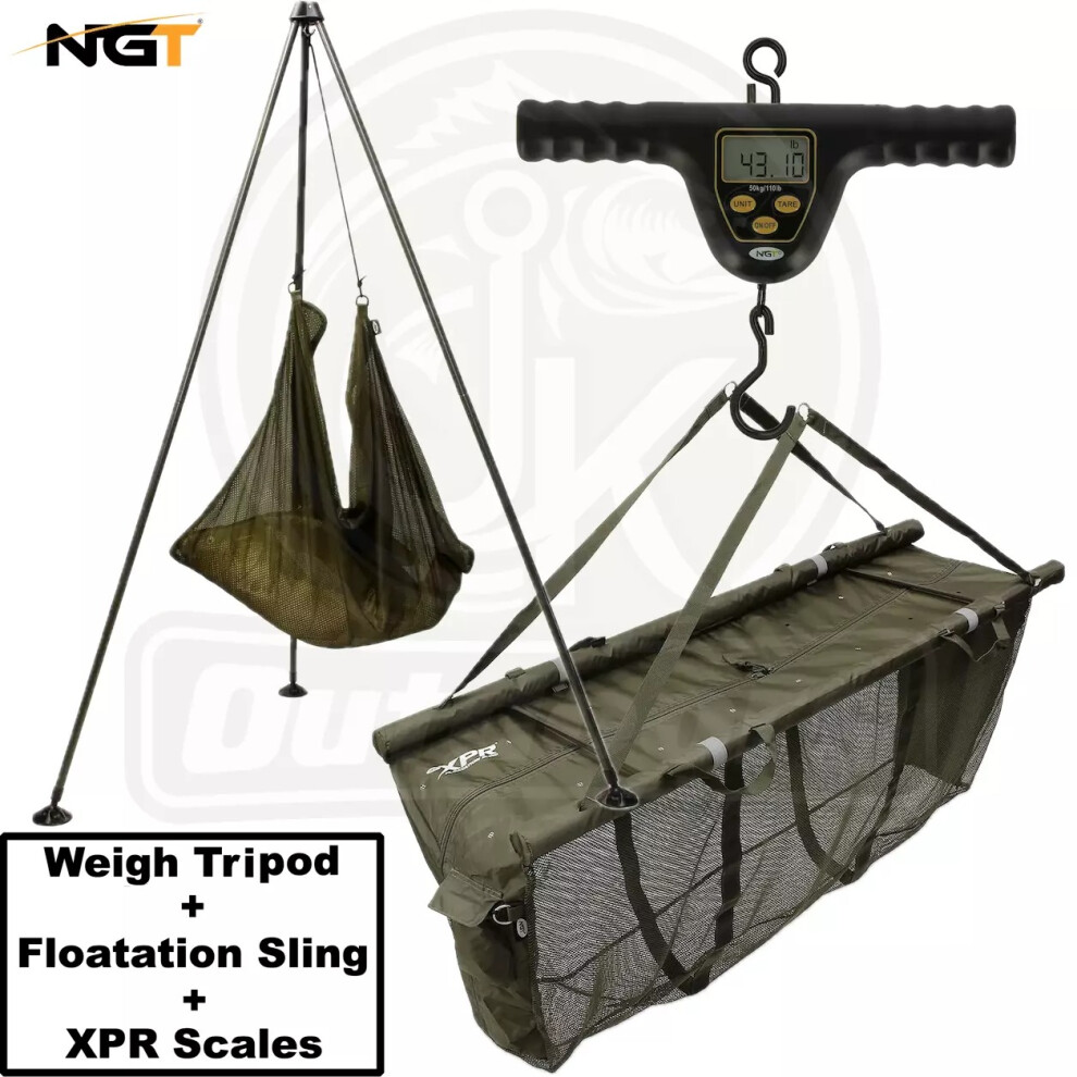 NGT Carp Fishing Weigh Tripod + Floatation Sling + XPR Scales Unhooking Combo