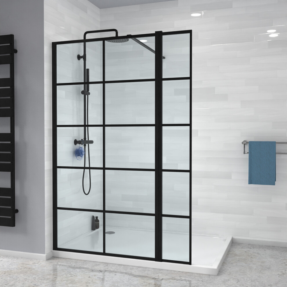 Nes Home Black Grid 800mm Shower Screen 8mm Tempered Glass & Return Panel